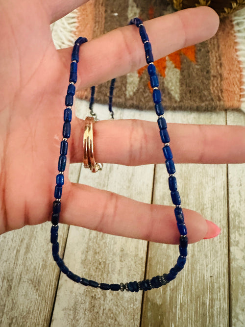 Navajo Lapis & Sterling Silver 16” Beaded Necklace