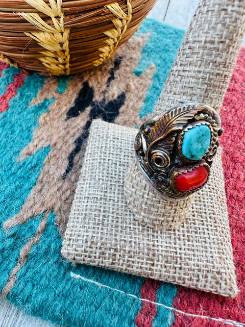 Old Pawn Handcrafted Turquoise, Coral & 14K Gold Overlay Sterling Silver Ring Size 10