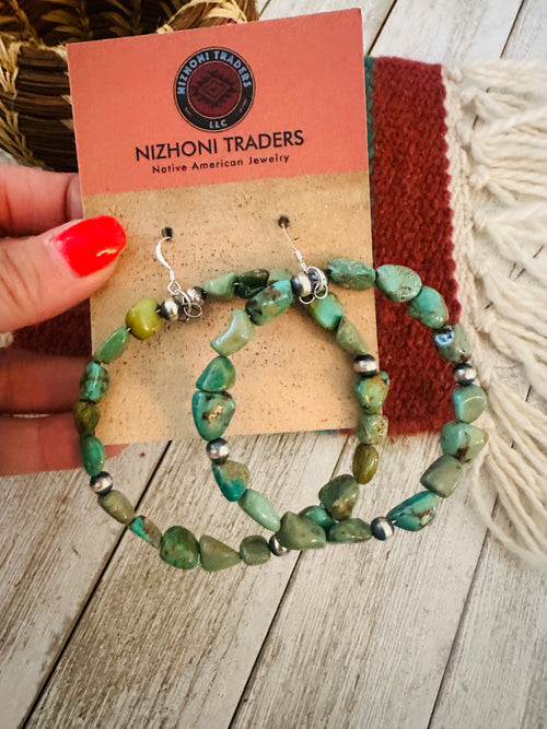 Navajo Turquoise and Sterling Silver Beaded Dangle Hoop Earrings