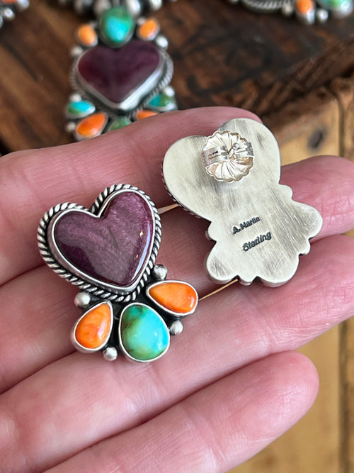 Navajo Made Sterling Silver Electric Rainbow Beaded Heart Cluster Necklace & Earrings Set by Angela Martin