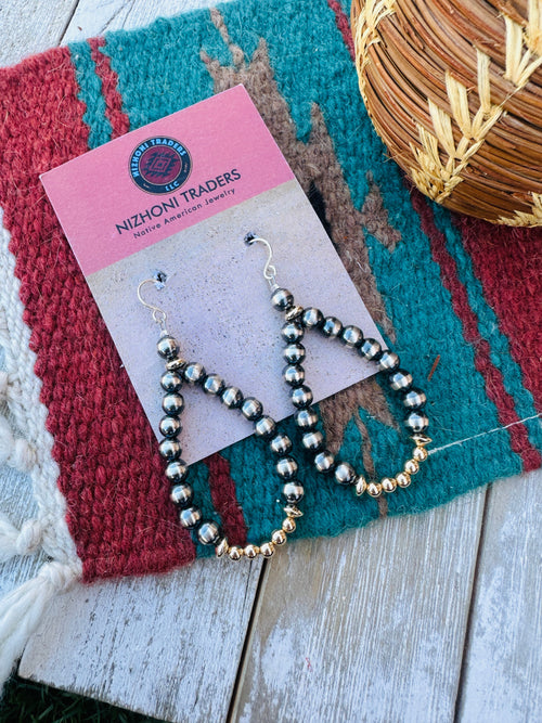 Sterling Silver & Gold Plated Navajo Pearl Style Beaded Dangle Hoop Earrings
