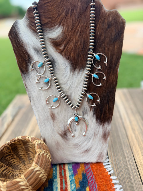 Handcrafted Turquoise & Sterling Silver Beaded Naja Necklace