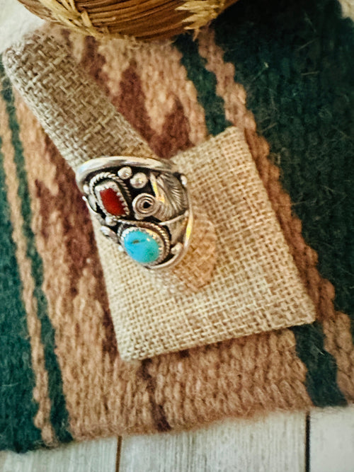 Old Pawn Turquoise, Coral and Sterling Silver Ring Size 9.5