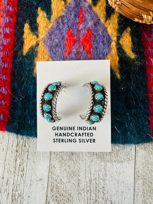 Navajo Sterling Silver & Turquoise Hoop Earrings