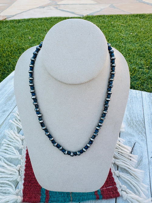 Sterling Silver Pearl & Lapis 18” Beaded Necklace