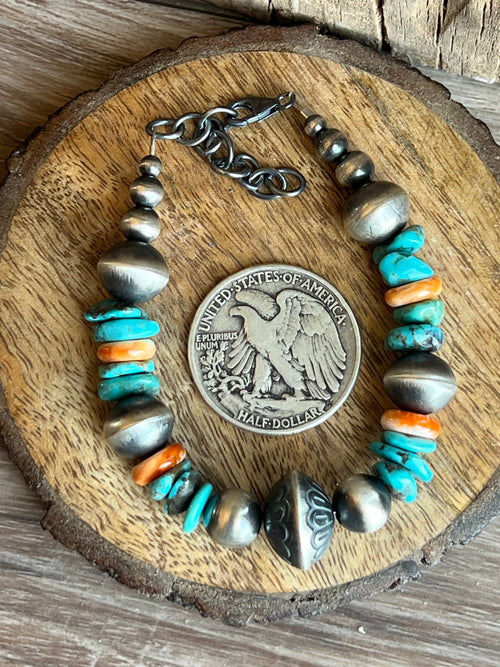 Navajo Made Chunky Sterling Silver, Turquoise and Spiny Oyster Shell Beaded Bracelet, Adjustable