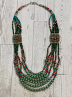 Silver Plated Tibetan Style Six Strand Turquoise & Red Coral Beaded Necklace