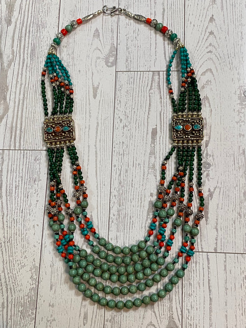 Silver Plated Tibetan Style Six Strand Turquoise & Red Coral Beaded Necklace