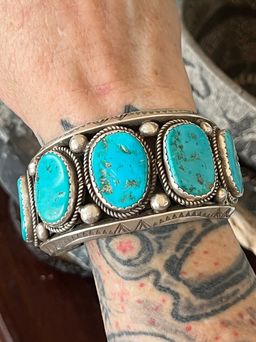 Old Pawn Navajo Sterling Silver and Natural Sleeping Beauty Turquoise Cuff Bracelet, Signed D