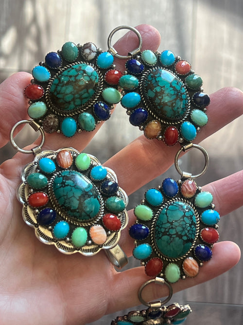 Stunning Estate Collection Handcrafted Sterling Silver and Multistone Cluster Link Concho Belt by Robert Shakey