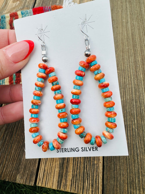 Handcrafted Orange Spiny, Turquoise & Sterling Silver Beaded Dangle Hoop Earrings
