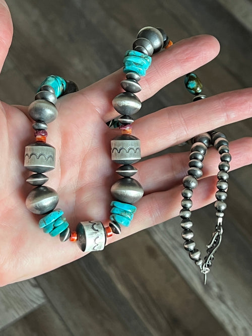 Navajo Sterling Silver, Kingman Turquoise and Spiny Oyster Shell Handcrafted Beaded Necklace by Rose Martin, 24 + 1-1/2 inches