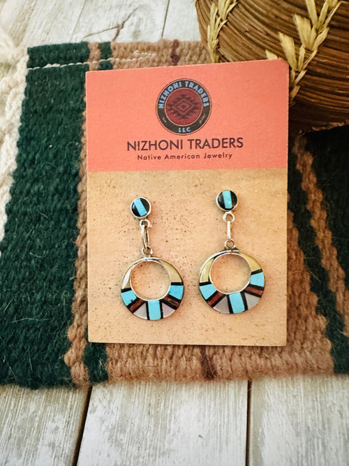 Old Pawn Zuni Multi Stone & Sterling Silver Inlay Earrings