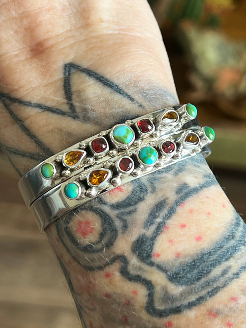 Navajo Made Sterling Silver Gems & Jewels Stacker Cuffs Bracelet by Lucy Jake, Narrow
