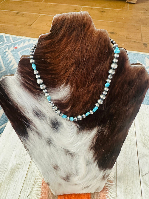 Navajo Turquoise & Sterling Silver Pearl 14” Beaded Necklace