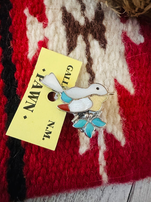 Vintage Old Pawn Zuni  Multi Stone & Sterling Silver Inlay Bird Brooch/ Pendant