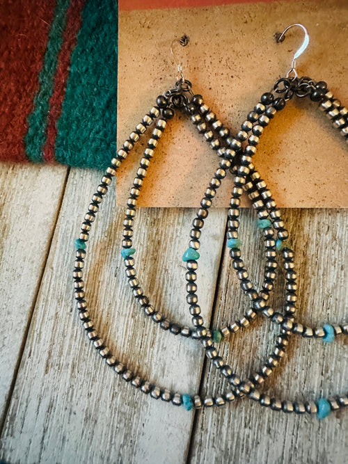 Handcrafted Turquoise & Sterling Silver Beaded Dangle Hoop Earrings