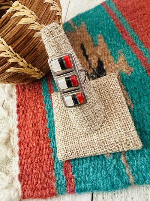 Old Pawn Handcrafted Multi Stone & Sterling Silver Inlay Ring Size 7