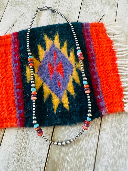 Navajo Sterling Silver, Spiny & Turquoise Beaded 16” Necklace