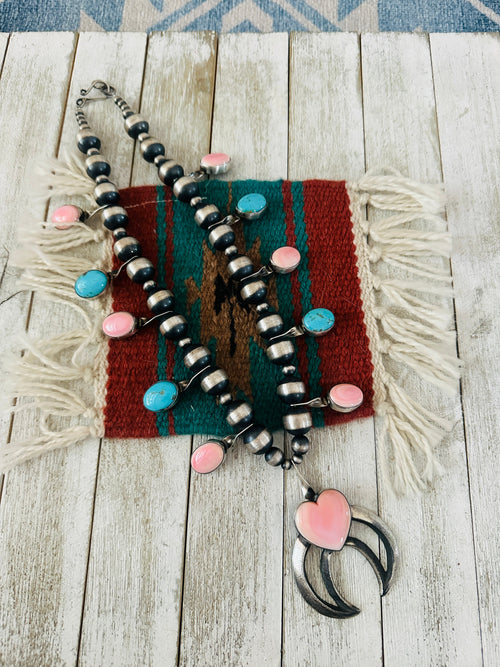 Navajo Queen Pink Conch, Turquoise & Sterling Silver Beaded Squash Blossom Necklace by Chimney Butte