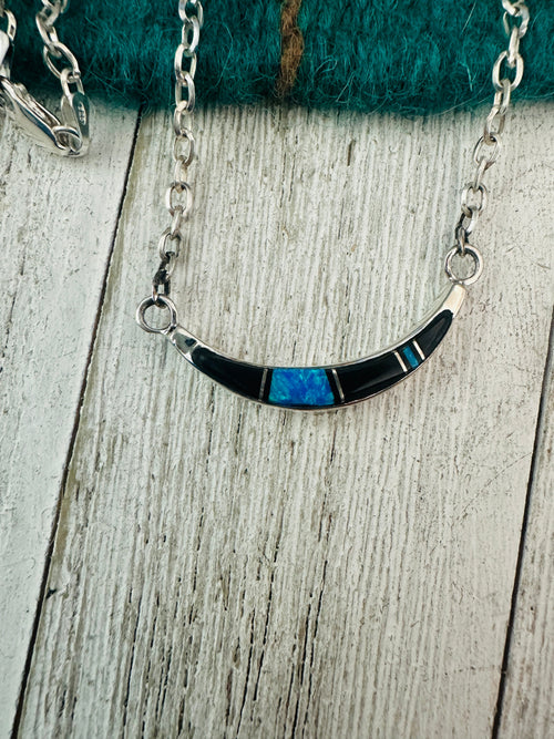 Navajo Sterling Silver, Onyx & Opal Inlay Crescent Necklace