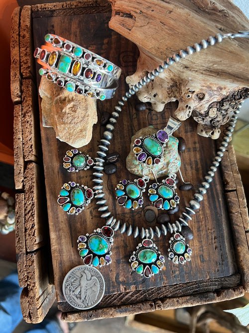 Navajo Made Sterling Silver Gems & Jewels Beaded Cluster Necklace and Earrings Set by Dianne Wylie