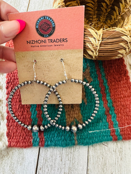 Navajo Sterling Silver Pearl Beaded Dangle Hoop Earrings