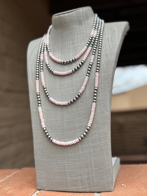 Handcrafted  Sterling Silver Pearl & Queen Pink Conch Beaded Necklace 6mm