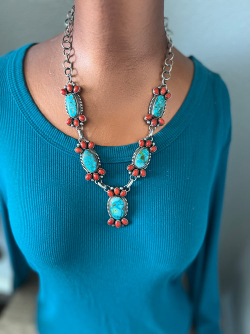 Taos Collection: Kathleen Chavez Sterling Silver, Kingman Turquoise & Mediterranean Coral Necklace and Earrings Set