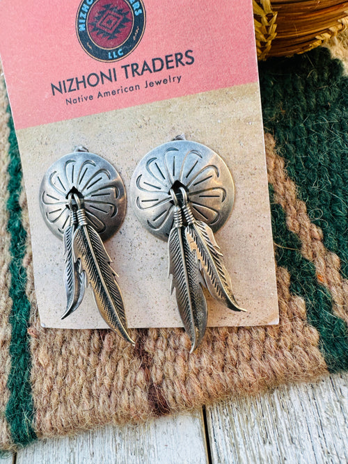Handcrafted Old Pawn Sterling Silver Feather Concho Dangle Earrings