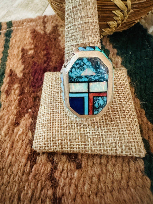 Old Pawn Multi Stone and Sterling Silver Inlay Ring Size 11