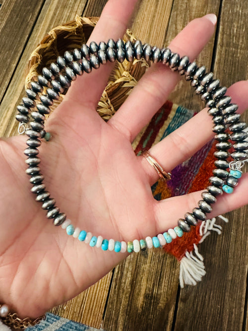 Handcrafted Turquoise, Queen Pink Conch & Sterling Silver Beaded Wrap Choker Necklace