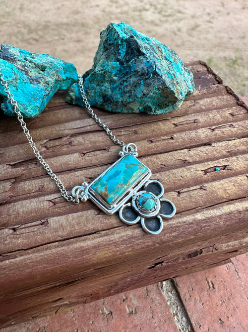 Sterling Silver and Royston Turquoise Flower Bar Necklace