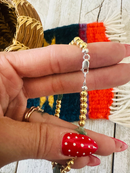 Navajo Gold Plated Sterling Silver Pearl & Turquoise Beaded Bracelet