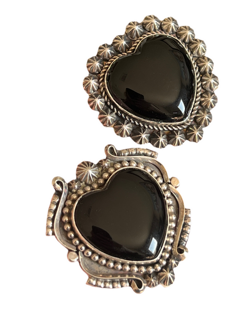 Apache Sterling Silver and Black Onyx Heart Rings by Rosella Paxson, Size 8.5 & 10