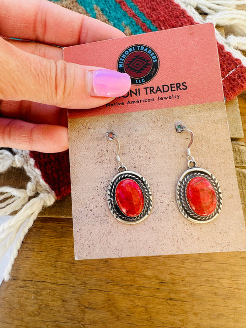 Navajo Sterling Silver Apple Coral Dangle Earrings