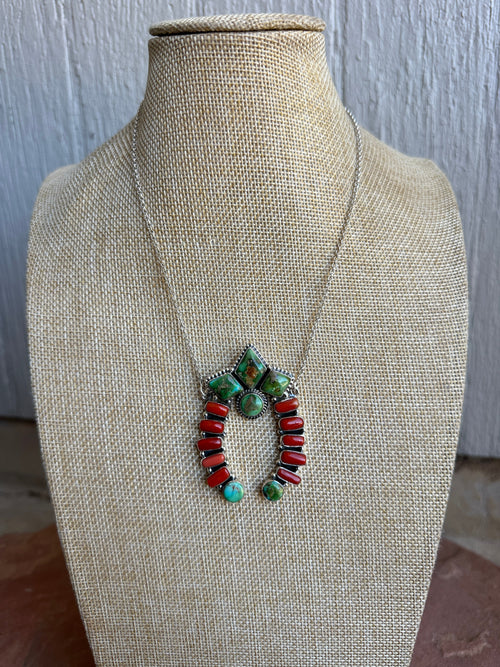 Beautiful Handmade Sterling Silver, Coral & Sonoran Turquoise NAJA Necklace