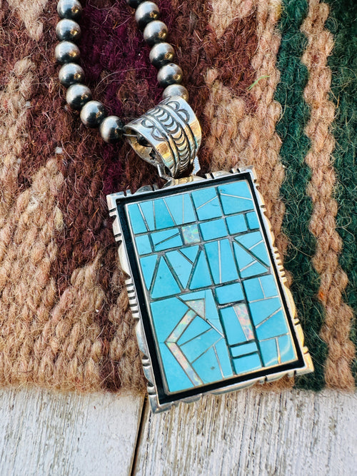 Old Pawn Handcrafted Turquoise, Opal and Sterling Silver Inlay Pendant