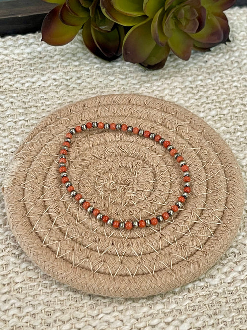 ** 4TH OF JULY ** Handmade Sterling Silver &  Coral Beaded Bracelet with Signed Nizhoni