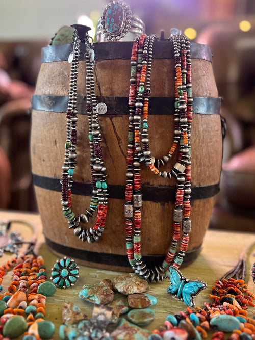 Navajo Electric Rainbow Sterling Silver, Turquoise and Spiny Oyster Single Strand Beaded Necklace by Rose Martin, 16 + 2 Inches