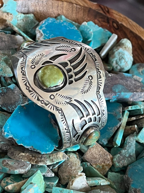 Old Pawn Navajo Sterling Silver and Royston Turquoise Overlay Bear Paw Cuff Bracelet by Charlie Bowie