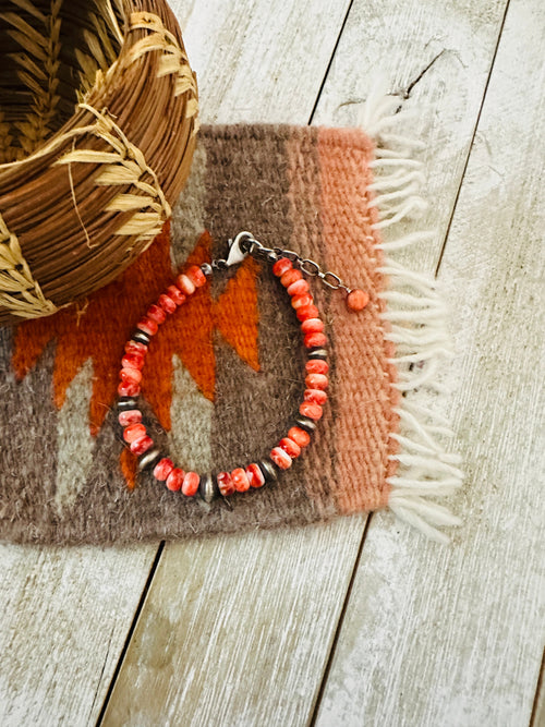 Navajo Orange Spiny & Sterling Silver Beaded Bracelet