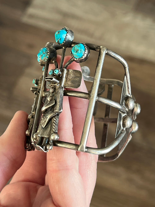 Amazing One of a Kind Antique Sterling Silver and Turquoise Yei Bi Chei Cuff Bracelet