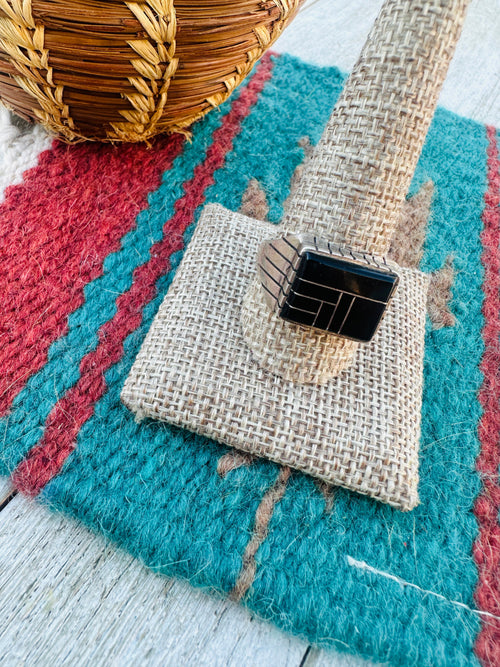 Old Pawn Handcrafted Onyx & Sterling Silver Inlay Ring Size 12