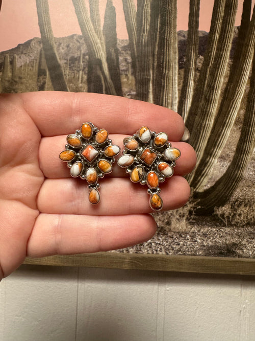 Handmade Orange Spiny And Sterling Silver Earrings