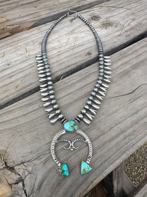 Beautiful Handmade Sterling Silver & Sonoran Mountain Turquoise Squash Blossom Necklace