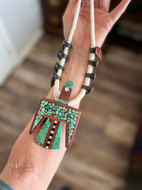 Warren Nieto Inlay Kingman Turquoise and Pipestone Thunderbird Tab Necklace & Earrings Set