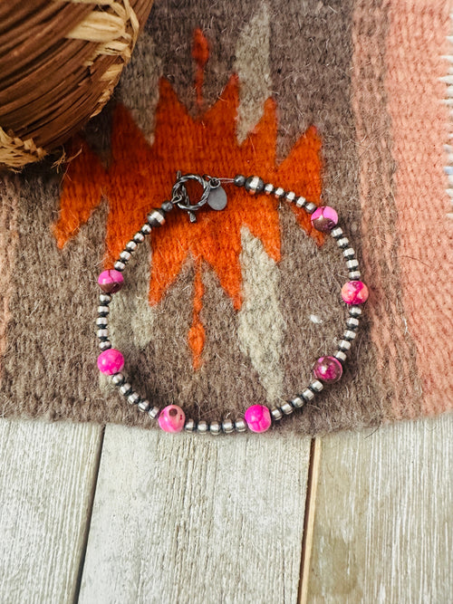 Navajo Pink Mojave and Sterling Silver Pearl Beaded Bracelet
