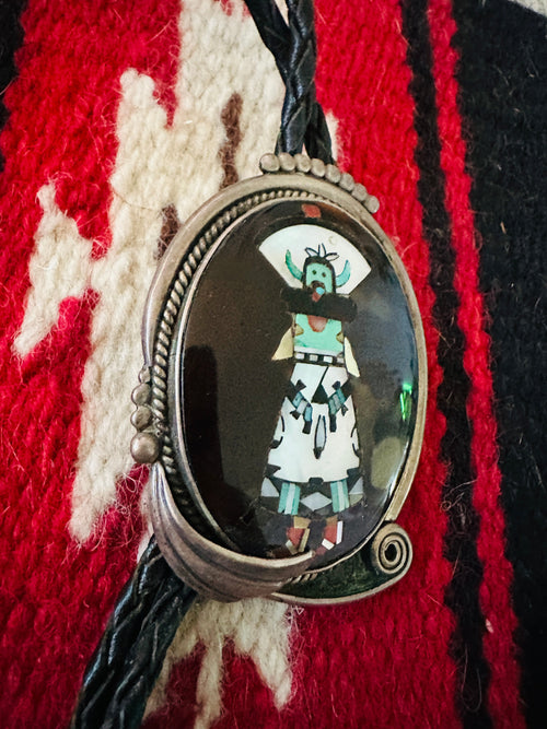 Vintage Old Pawn Navajo Sterling Silver & Multi Stone Inlay Bolo Tie