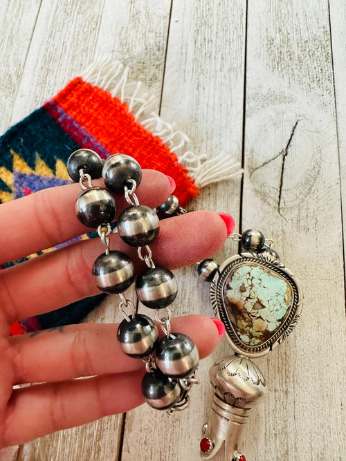 Navajo Sterling Silver, Turquoise & Coral Blossom Beaded Necklace